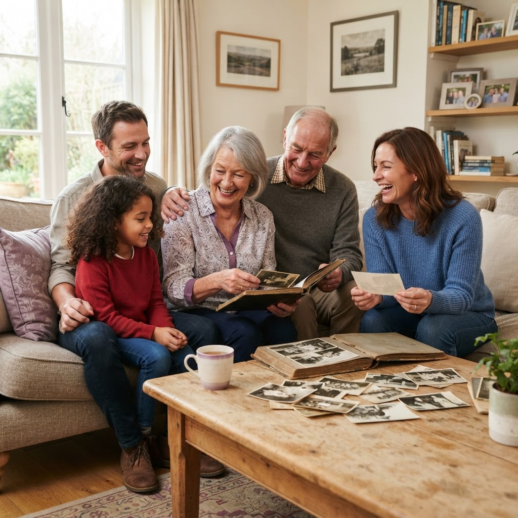 A family sharing cherished photographs with grandparents