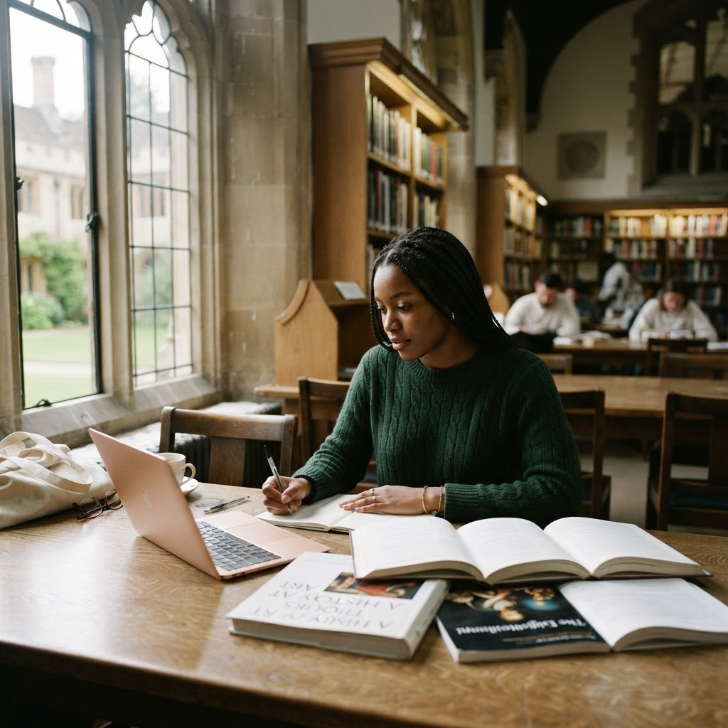 Student in library with books and laptop