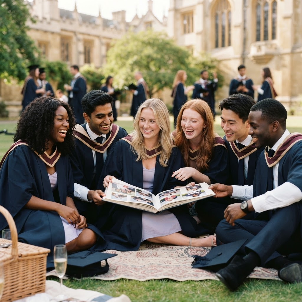 Students celebrating graduation and sharing memories
